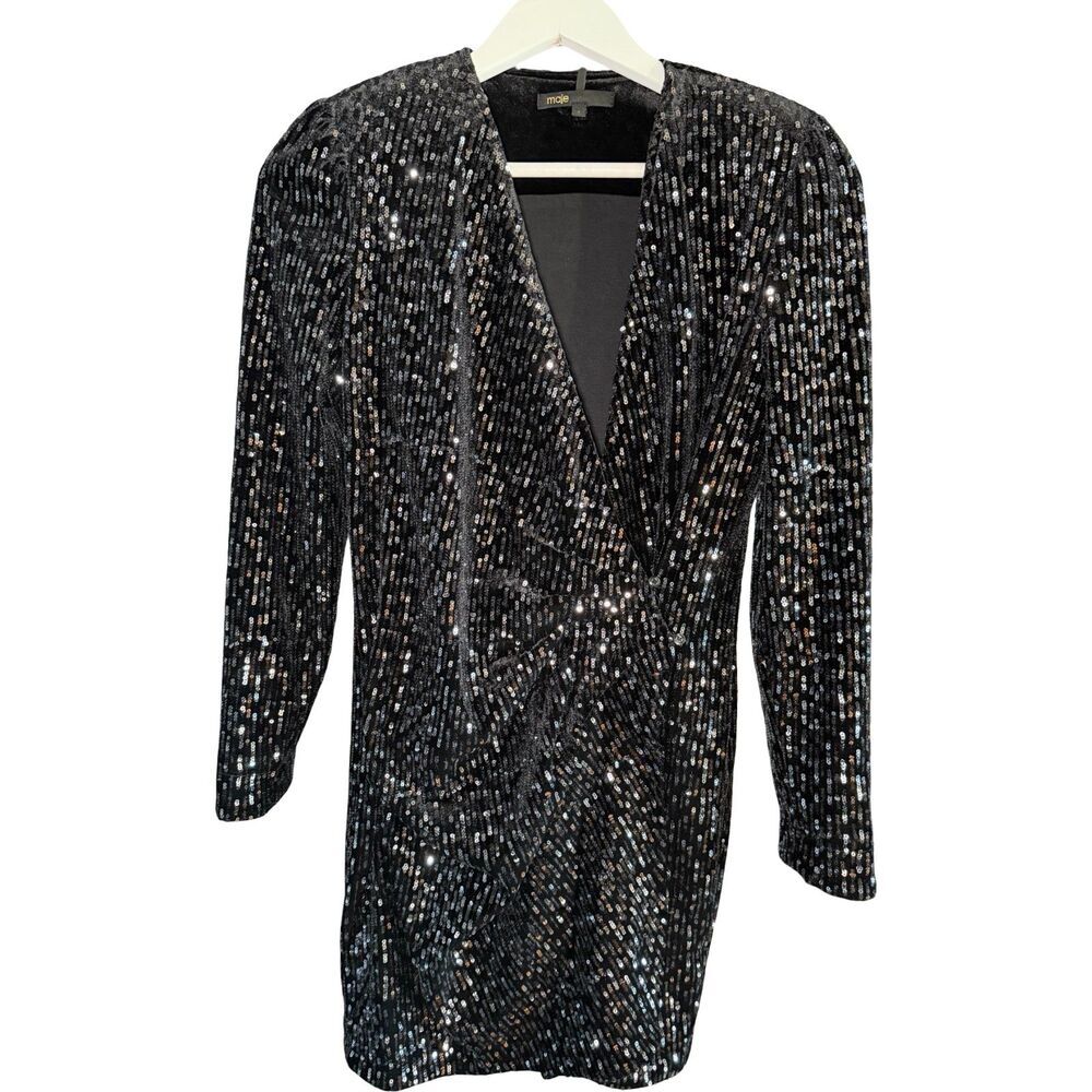 Maje NWOT Rivy Sequin Mini Dress Silver Black Velvet Wrap Long Sleeve Size 4 - Picture 6 of 12